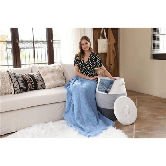 26" x 20" Tall Extra Large Storage Basket with Lid, Cotton Rope Storage - Picture 5 of 7